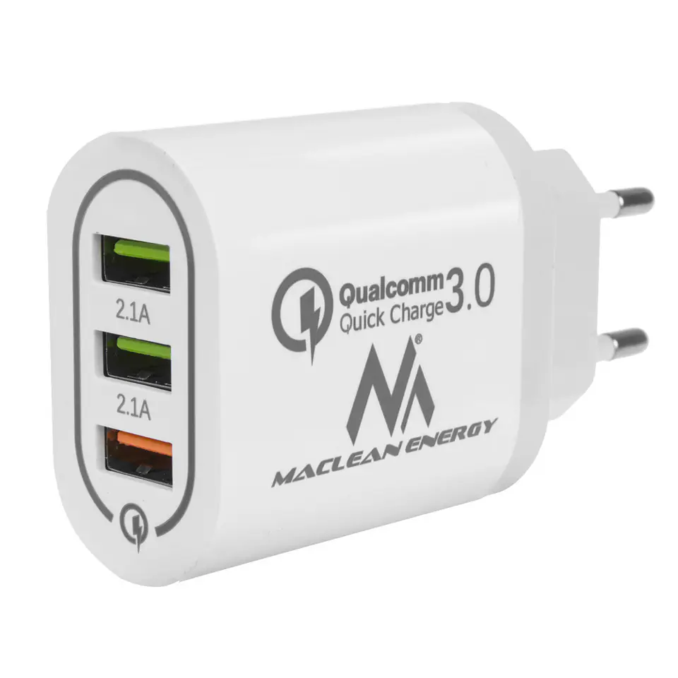 ⁨Ładowarka sieciowa Maclean, Qualcomm Quick Charge, QC 3.0 - 3.6-6V/3A, 6-9V/2A, 9-12V/1.5A, 2 gniazda 5V/2.1A, Biała, MCE479 W⁩ w sklepie Wasserman.eu