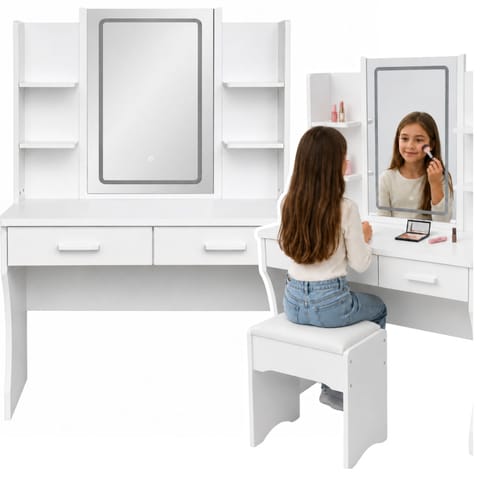 ⁨Toaletka Kosmetyczna Z Lustrem LED Półki Szuflady Biała 140x80x40 cm⁩ w sklepie Wasserman.eu