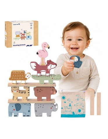 ⁨TOOKY TOY Drewniane Klocki Układanka Wieża Stacker Stosy Zwierzątka Montessori 13 el.⁩ w sklepie Wasserman.eu