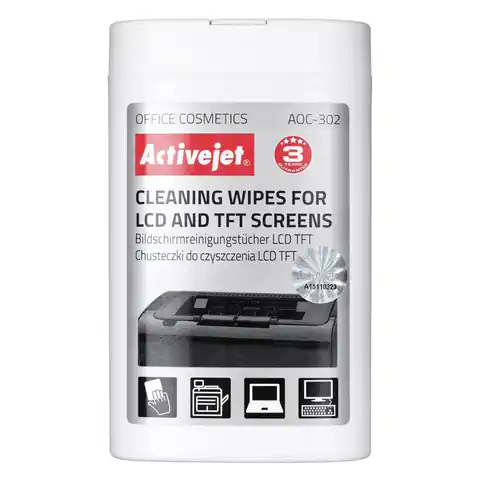 ⁨Activejet AOC-302 chusteczki do matryc LCD. (100 szt.) Nawilżane chusteczki do matryc, usuwające wszelkiego rodzaju zanieczyszczenia z wyświetlaczy ciekłokrystalicznych TFT w laptopach, smartfonach, palmtopach, monitorach LCD, itp.⁩ w sklepie Wasserman.eu