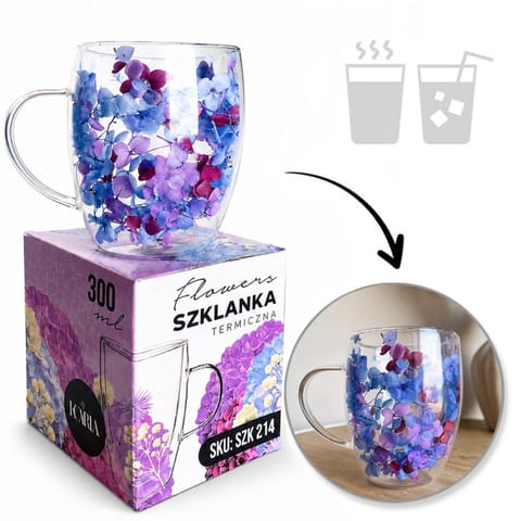 ⁨Szklanka termiczna z kwiatami w środku 300ml 1szt, pełna hortensji, niebieski bordo SZK214⁩ w sklepie Wasserman.eu