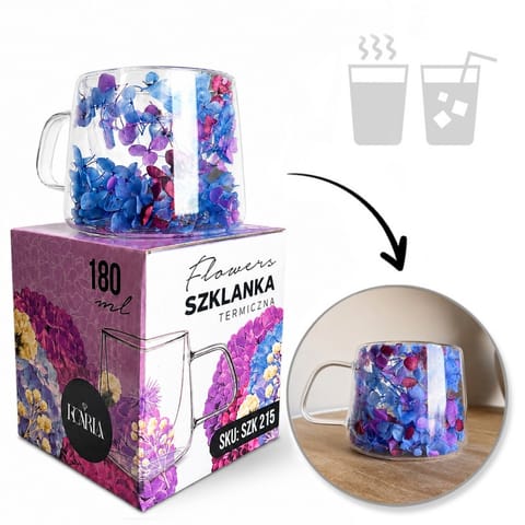 ⁨Szklanka termiczna z kwiatami w środku, pełna hortensji, niebieski bordo 180 ml 1szt SZK215⁩ w sklepie Wasserman.eu