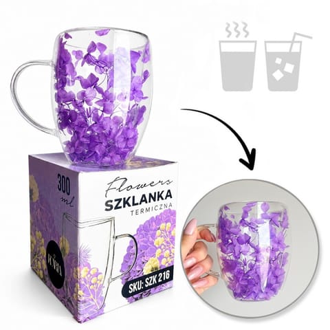 ⁨Szklanka termiczna z kwiatami w środku 300ml 1szt, pełna hortensji, niebieska SZK216⁩ w sklepie Wasserman.eu