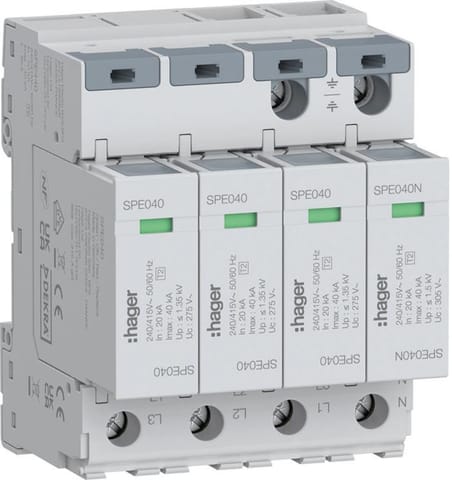 ⁨SPD Ogranicznik przepięć T2 4P 3+1 sieć TN-S/TT In=20kA Up≤1,35kV SPE440 Hager⁩ w sklepie Wasserman.eu