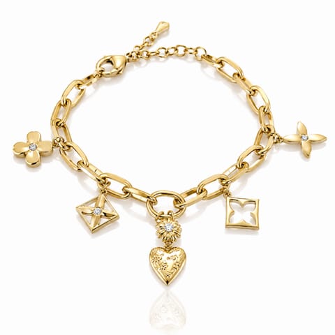 ⁨Bransoletka na rękę stal chirurgiczna pozłacana 14k złotem, gruba, zawieszki SERCE wytłaczane BST1810⁩ w sklepie Wasserman.eu