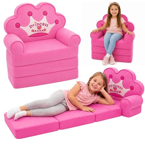 ⁨Rozkładany Fotel Sofa Leżanka z Koroną 2W1 Dla Dzieci Miękki Różowy⁩ w sklepie Wasserman.eu