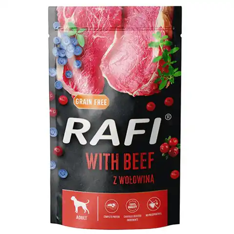 ⁨Karma Rafi dla psa z borówką i wołowiną 500g⁩ w sklepie Wasserman.eu