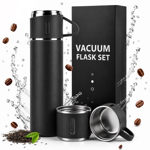 ⁨Termos 500 ml + 3 Kubki Zestaw Termiczny Stal Nierdzewna Turystyczny Prezent CZARNY⁩ w sklepie Wasserman.eu
