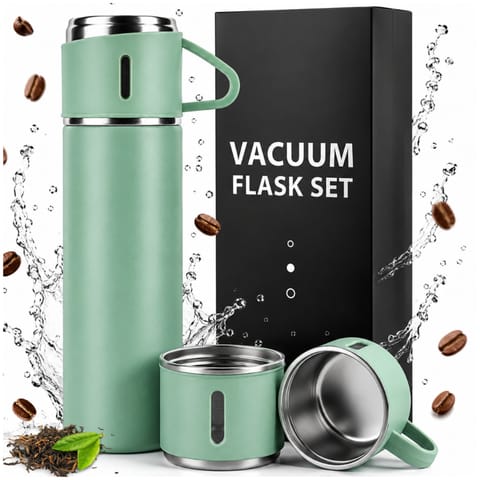 ⁨Termos 500 ml + 3 Kubki Zestaw Termiczny Stal Nierdzewna Turystyczny Prezent ZIELONY⁩ w sklepie Wasserman.eu