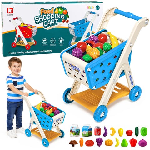 ⁨Wózek Sklepowy Dla Dzieci Zakupy Akcesoria Spożywcze Niebieski 26 el.⁩ w sklepie Wasserman.eu