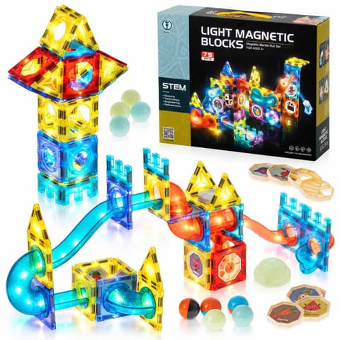 ⁨Klocki magnetyczne marble tor kulkowy świecący 75 elementów⁩ w sklepie Wasserman.eu
