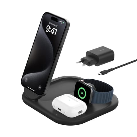 ⁨BoostCharge 3-in-1 mag Qi2 15W black foldable⁩ at Wasserman.eu