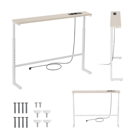 ⁨Konsola / stolik z listwą ładującą Maclean, czarna z rustykalnym blatem, reg. wysokości 62-83cm, max 25kg,przewód 2,5m, MC-140 B⁩ w sklepie Wasserman.eu