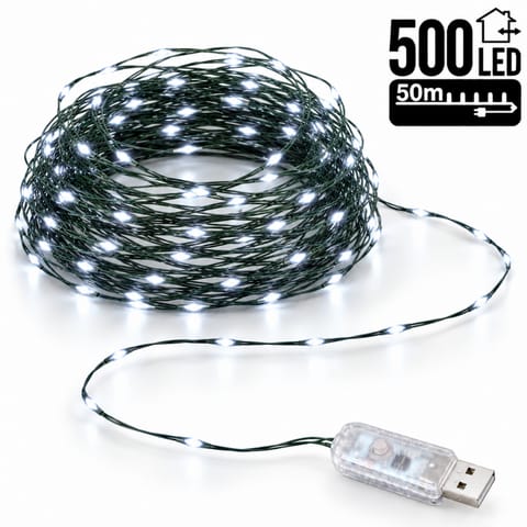 ⁨Zewnętrzne/ wewnętrzne lampki choinkowe drucik 500 LED 50m, zimne białe LAMP36B⁩ w sklepie Wasserman.eu
