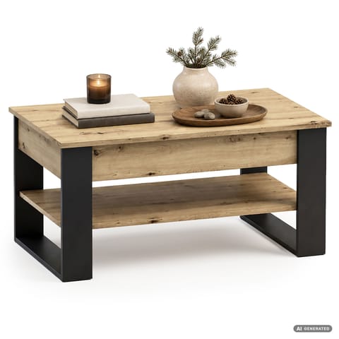 ⁨Stolik kawowy z podnoszonym blatem DENVER 92 cm prostokątny z półką Dąb Artisan czarne nogi⁩ w sklepie Wasserman.eu