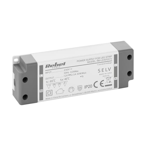 ⁨Zasilacz Rebel do sznurów LED 12V/2.5A max.30W IP20⁩ w sklepie Wasserman.eu