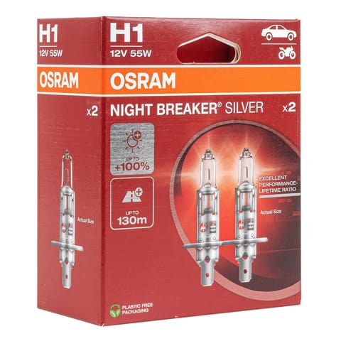 ⁨O-64150NBS-HCB Halogen Bulbs Osram H1 12V 55W P14,5s Night Breaker Silver +100%/2pcs⁩ at Wasserman.eu