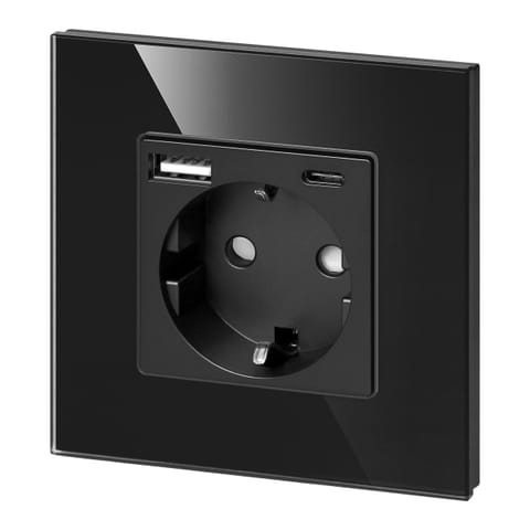 ⁨Gniazdo pojedyncze 2P+Z, Schuko, USB-A + USB-C, wyjście 5VDC max. 3A, czarny⁩ w sklepie Wasserman.eu