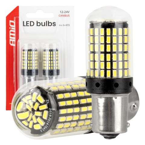 ⁨Żarówki led canbus ba15s p21w r10w r5w 600lm 144smd białe 12v 24v amio-04473⁩ w sklepie Wasserman.eu