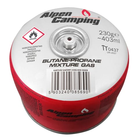 ⁨Kartusz gazowy 230g Alpen Camping. certyfikat: Pi 0656, zgodny z EN417, propan-butan, zakres -10°c do+ 40°c, zawór gwintowany 7/⁩ w sklepie Wasserman.eu