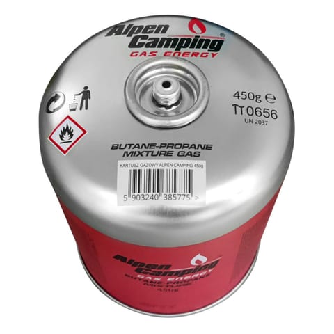 ⁨Kartusz gazowy 450g Alpen Camping. certyfikat: Pi 0437, zgodny z EN417, propan-butan, zakres -10°c do+ 40°c, zawór gwintowany 7/⁩ w sklepie Wasserman.eu