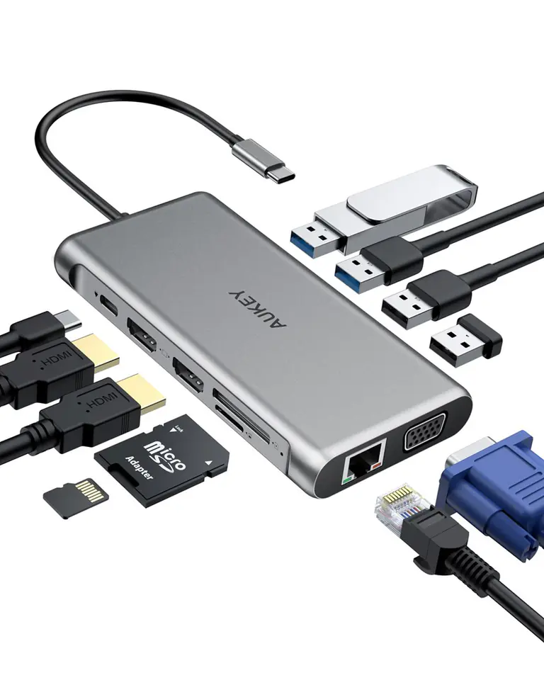 ⁨AUKEY CB-C78 interface hub 5000 Mbit/s Black | Aluminium | 12in1 | RJ45 Ethernet 10/100/1000Mbps | 2xUSB 3.1 | 2xUSB 2.0 | 2xHDMI 4k@30Hz | VGA | SD & microSD | USB-C⁩ at Wasserman.eu