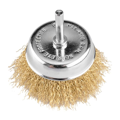 ⁨Szczotka druciana doczołowa 75 mm, drut karbowany, mosiądzowany, z trzpieniem 6 mm⁩ w sklepie Wasserman.eu