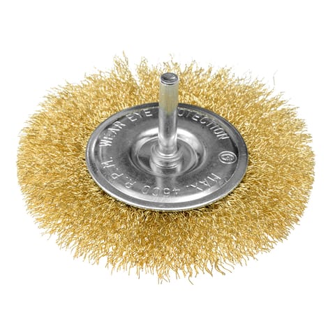⁨Szczotka druciana tarczowa 100 mm, drut karbowany, mosiądzowany, z trzpieniem 6 mm⁩ w sklepie Wasserman.eu