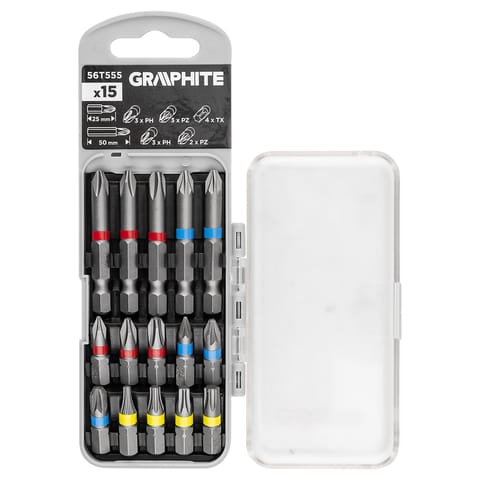 ⁨Zestaw bitów PH2x2, PH3, PZ2x2 x 50 mm, PH1/2/3, PZ1/2/3, TX10/20/25/30 x 25 mm, 15 szt.⁩ w sklepie Wasserman.eu