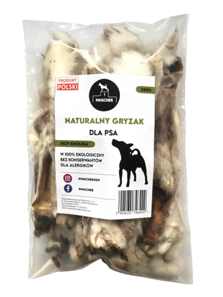 ⁨PINSCHER Naturalny gryzak dla psa - USZY KRÓLIKA 250g⁩ w sklepie Wasserman.eu