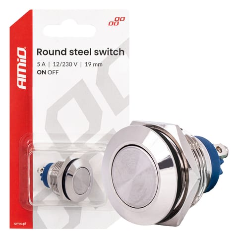 ⁨Włącznik płaski okrągły stalowy on/off 19mm 5a 12/230v amio-04474⁩ w sklepie Wasserman.eu