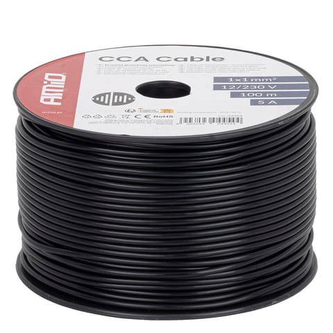 ⁨Przewód jednożyłowy czarny cable cca 1x1mm2 100m 5a 12/230v amio-04454⁩ w sklepie Wasserman.eu