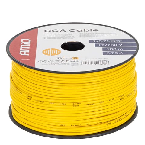 ⁨Przewód jednożyłowy żółty cca 1x0.75mm2 100m 3.75a 12/230v amio-04447⁩ w sklepie Wasserman.eu