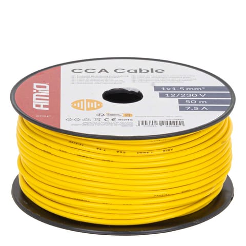 ⁨Przewód jednożyłowy żółty cca 1x1.5mm2 50m 7.5a 12/230v amio-04449⁩ w sklepie Wasserman.eu