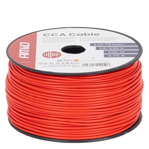 ⁨Przewód jednożyłowy czerwony cca 1x0.75mm2 100m 3.75a 12/230v amio-04450⁩ w sklepie Wasserman.eu