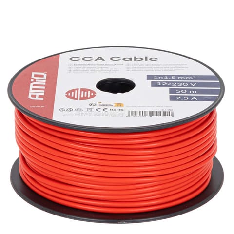 ⁨Przewód jednożyłowy czerwony cca 1x1.5mm2 50m 7.5a 12/230v amio-04452⁩ w sklepie Wasserman.eu