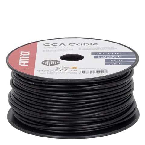 ⁨Przewód jednożyłowy czarny cca 1x1.5mm2 50m 7.5a 12/230v amio-04455⁩ w sklepie Wasserman.eu
