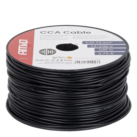 ⁨Przewód jednożyłowy czarny cable cca 1x0.75mm2 100m 3.75a 12/230v amio-04453⁩ w sklepie Wasserman.eu