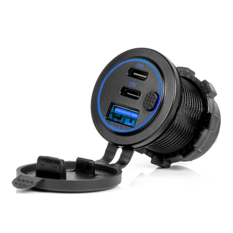 ⁨Ładowarka samochodowa z gniazdami usb wodoodporna z włącznikiem usb + 2x usb-c qc3.0 12v 24v amio-04596⁩ w sklepie Wasserman.eu