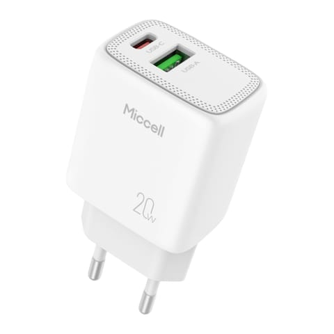 ⁨Ładowarka sieciowa Miccell VQ-T15, 20W, USB-A + USB-C, biała⁩ w sklepie Wasserman.eu