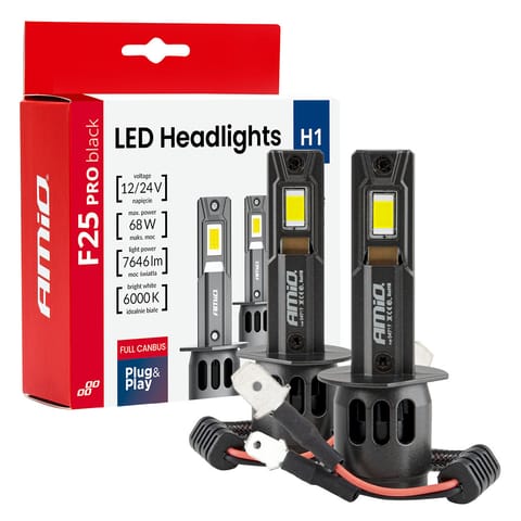 ⁨Żarówki samochodowe led seria f25 pro black full canbus h1 68w 12v 24v amio-04717⁩ w sklepie Wasserman.eu