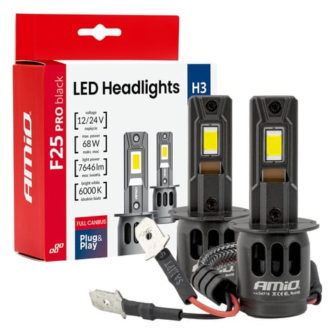⁨Żarówki samochodowe led seria f25 pro black full canbus h3 68w 12v 24v amio-04718⁩ w sklepie Wasserman.eu