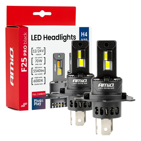 ⁨Żarówki samochodowe led seria f25 pro black full canbus h4 h19 70w 12v 24v amio-04719⁩ w sklepie Wasserman.eu
