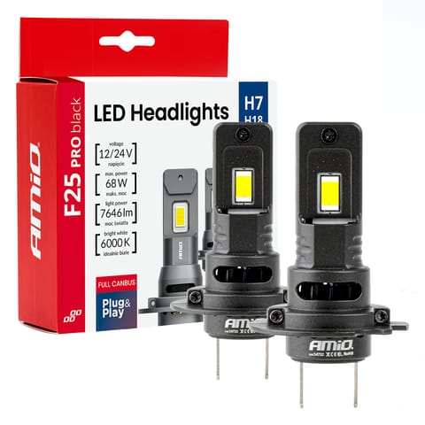 ⁨Żarówki samochodowe led seria f25 pro black full canbus h7 68w 12v 24v amio-04720⁩ w sklepie Wasserman.eu