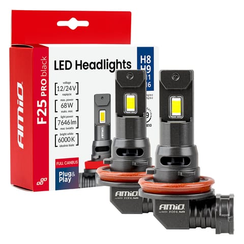 ⁨Żarówki samochodowe led seria f25 pro black full canbus h8 h9 h11 h16 68w 12v 24v amio-04721⁩ w sklepie Wasserman.eu
