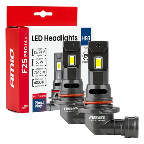 ⁨Żarówki samochodowe led seria f25 pro black full canbus hb3 68w 12v 24v amio-04722⁩ w sklepie Wasserman.eu