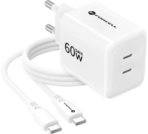 ⁨Ładowarka sieciowa Forcell F-Energy GaN III VT-60 60W PD QC 4.0+ 2x USB-C biała + kabel USB-C⁩ w sklepie Wasserman.eu
