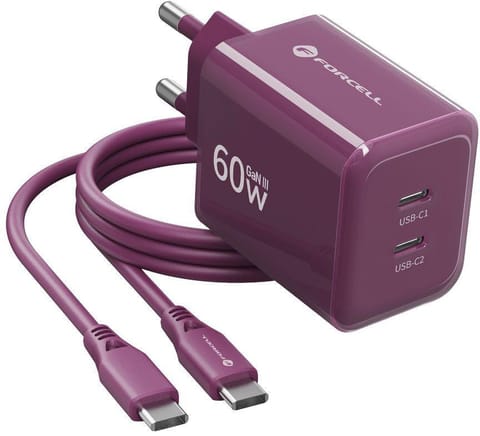 ⁨Ładowarka sieciowa Forcell F-Energy GaN III VT-60 60W PD QC 4.0+ 2x USB-C burgundowa + kabel USB-C⁩ w sklepie Wasserman.eu