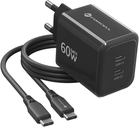 ⁨Ładowarka sieciowa Forcell F-Energy GaN III VT-60 60W PD QC 4.0+ 2x USB-C czarna + kabel USB-C⁩ w sklepie Wasserman.eu