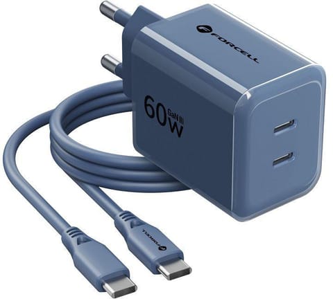 ⁨Ładowarka sieciowa Forcell F-Energy GaN III VT-60 60W PD QC 4.0+ 2x USB-C granatowa + kabel USB-C⁩ w sklepie Wasserman.eu